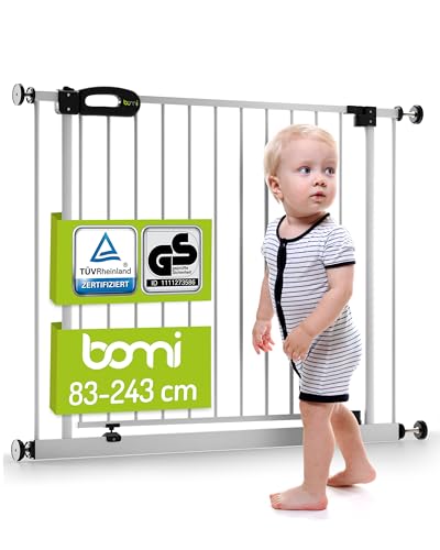 BOMI TÜV GS Siegel Variables Schutzgitter Merle | Zum Klemmen | 90° Stop | Kindergitter Metall-Türschutzgitter weiß Zum Klemmen | Automatisches Schließen des Türgitters | Breite: 135-143 cm von Bomi