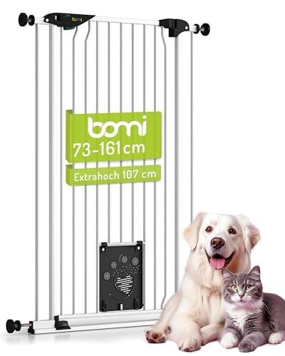 BOMI Tierschutzgitter Mira | Türschutzgitter mit Katzenklappe | Ideales Absperrgitter Hund, Katzengitter Tür & Welpen Zubehör | Hundegitter Wohnung weiß Metall | Breite: 133-143 cm von Bomi