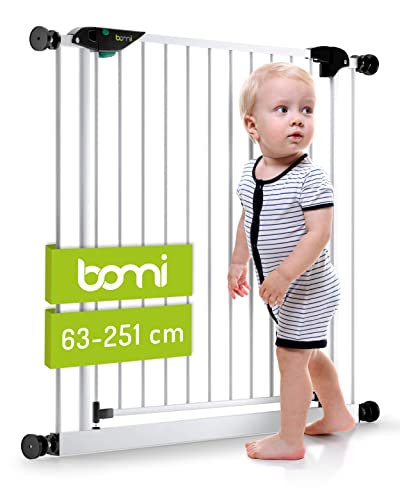 BOMI Treppen Gitter Mira 63-251 | Ohne Bohren | 90° Stop | Schließt automatisch | Absperrgitter weiß für Treppen, Türrahmen | Hochwertiges Treppenschutzgitter mit Tür von Bomi
