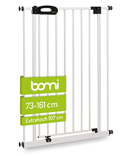 BOMI Treppen Gitter Merle 73-161 cm | Extrahoch | Ohne Bohren | Schließt automatisch | Absperrgitter weiß für Treppen, Türrahmen | Hochwertiges Treppenschutzgitter mit Tür von Bomi