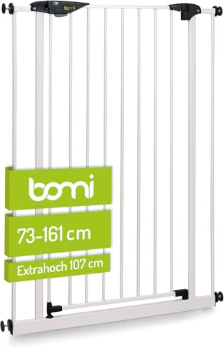 BOMI Türschutzgitter Mira | Extra Hoch | Ohne Bohren | Schließt automatisch | Tuerschutzgitter weiß Metall Selbstschließend | Treppengitter zum Klemmen für Baby | Breite: 73-81 cm von Bomi