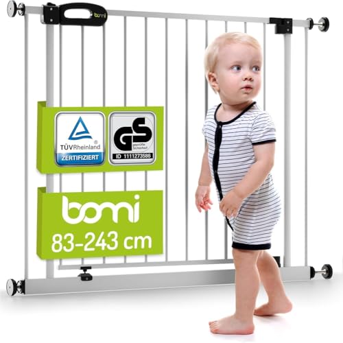 BOMI TÜV GS Siegel Türschutzgitter Merle | Zum Klemmen | 90° Stop | Schließt automatisch | Tuerschutzgitter weiß Metall Selbstschließend | Treppengitter zum Klemmen für Baby | Breite: 95-103 cm von Bomi