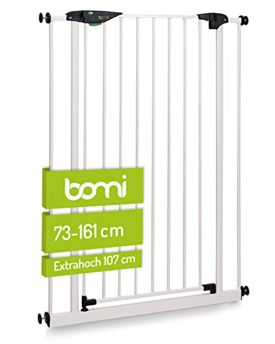 BOMI extra hohes Baby Schutzgitter Treppe Mira 73-161 cm | Ohne Bohren | Schließt automatisch | Gittertür aus Metall Weiss | Stabile Baby Schutzgitter Tür für Kindersicherheit | Treppen Türgitter von Bomi