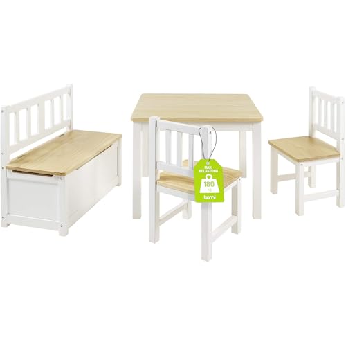 Bomi Kindersitzgruppe Anna mit integrierter Spielzeugkiste | Kinderzimmer-Set inkl. Kindertisch mit 2 Stühlen & Kindertruhenbank | Kindermöbel aus FSC nachhaltigem Kiefer Massiv Holz | Weiß Natur von Bomi