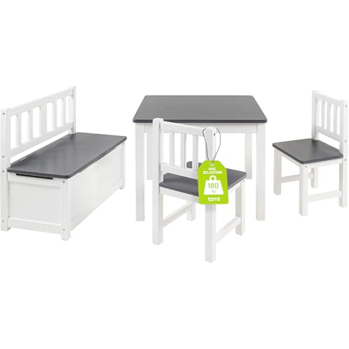 Bomi Kindersitzgruppe Anna mit integrierter Spielzeugkiste | Kinderzimmer-Set inkl. Kindertisch mit 2 Stühlen & Kindertruhenbank | Kindermöbel aus FSC nachhaltigem Kiefern Massiv Holz | Weiß Grau von Bomi