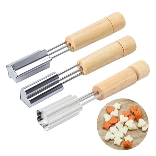 3-teiliges Plätzchen-Fruchtschneider | Ge-müseschneider Formen Mit Holzgriff | Edelstahl Ausstechformen Set | Gemü-se Obst Ausstecher Set - Herz/Stern/Blume von BommFu