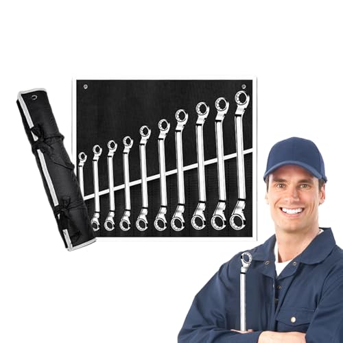 BommFu Ratsche & Schlüssel-Set,10 Teile Doppel Ringmaulschlüssel Set Mit Aufbewahrungsbox - Rutschfeste Griffe Für Kfz-Reparatur Fahrrad Und Hausprojekte von BommFu