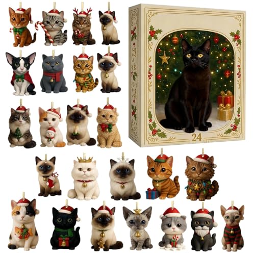 BommFu Weihnachts Countdown Adventskalender | 24 Days Katze Ornamente Weihnachten Countdown Kalender - Cartoon Kätzchen Weihnachtsbaum Dekoration Kalender von BommFu