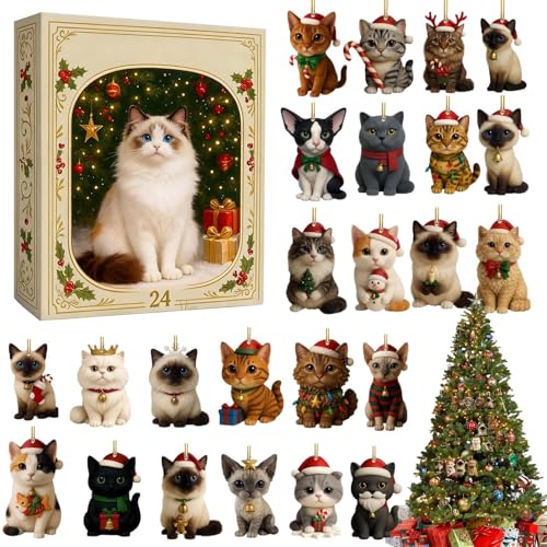 BommFu Weihnachts Countdown Adventskalender | 24 Days Katze Ornamente Weihnachten Countdown Kalender - Cartoon Kätzchen Weihnachtsbaum Dekoration Kalender von BommFu