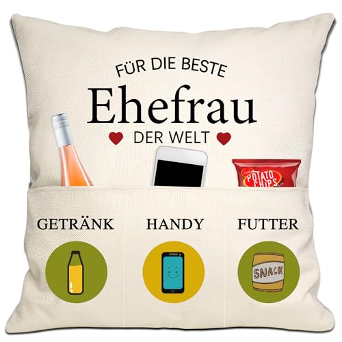 Bommex Ehefrau Geschenk Beste Frau in der Welt Kissenbezüge 18x18 Zoll mit 3 Taschen für Frau Geburtstag Geschenk Valentinstag (Frau) von Bommex