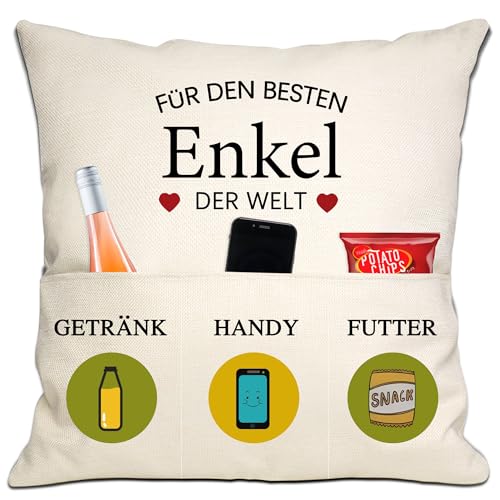 Bommex Enkel Geschenk von Oma Opa besten Enkel in der Welt Kissenabdeckungen 18x18 Zoll mit 3 Taschen für Enkel Geburtstag Geschenk (Enkel) von Bommex