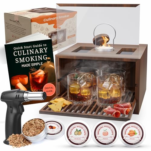 Bon Apperoo™ Kulinarische Räucherbox mit 4 Gläsern und Taschenlampe, tragbares Teesieb für kalte Speisen und Cocktails, Whiskey und Bourbon Räucherset, ideal für Getränke und Wurstwaren, Butan nicht von Bon Apperoo