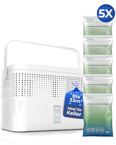 BonAura® AirOne Max Luftentfeuchter ohne Strom bis 33m² I 360° Belüftung I Raumentfeuchter mit Ausgießer & 5 x 980g Luftentfeuchter Granulat I Schimmel- und Geruchsschutz I Raum Entfeuchter Keller von BonAura