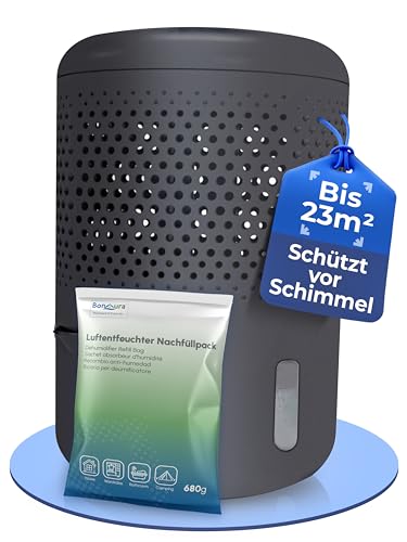 BonAura® Luftentfeuchter ohne Strom - Raumentfeuchter bis 23m² für Keller, Bad uvm. - 680g Luftenfeuchter Nachfüllpack inklusive - Entfeuchter und Luftentfeuchter Granulat im Set - Schutz vor Schimmel von BonAura