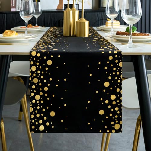Tischläufer Schwarz und Gold 30 x 183 cm Polyester Tischdeko Tischläufer mit Goldenen Punkten Tischdekoration für Hochzeit Geburtstag Party Urlaub Weihnachten von BonBotimen