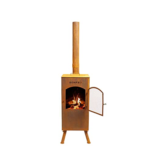 BonFeu BonCarré Rost - Terrassenofen - Feuerstelle mit Funkenschutz für entspannte Abende - Feuersäule Outdoor - Terrassenkamin mit Grillrost - Gartenofen aus hochwertigem Cortenstahl - 35x35x153cm von BonFeu