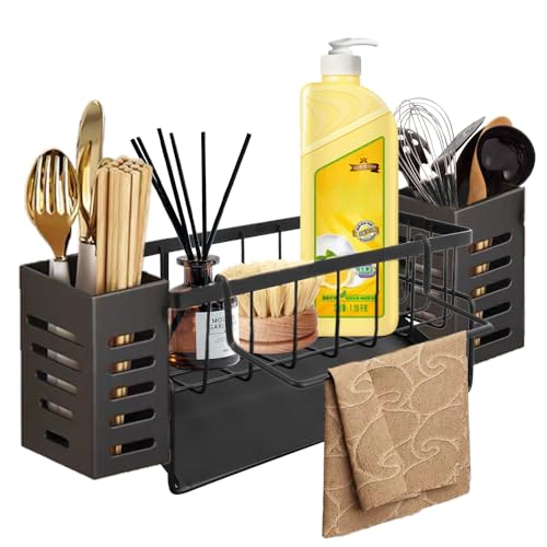 BonTiady spülbecken organizer, küchen organizer spüle, mit selbstablaufendem Ablagefach, mit Handtuchhalter und Aufbewahrungsbox für Spülbürsten, Organiser für Küche und Bad(schwarz) von BonTiady