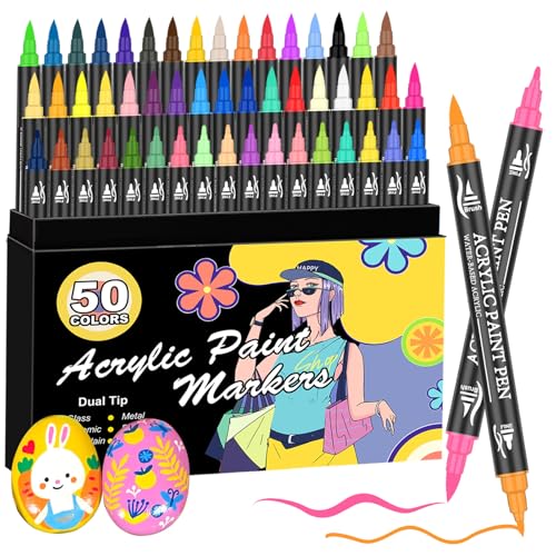 50 Farben Dual-Tip Acrylstifte Set mit Feiner und Pinselspitze, Premium Acrylstifte Wasserfest für Steine Bemalen, Holz, Plastik, Stoffmalerei und DIY-Bastelprojekte von Bonala