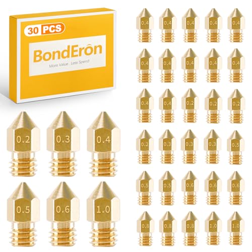 BondEron 30 Stück MK8 3D Drucker Düsen Set, Messing & Edelstahl Ersatzdüsen, Größen 0.2-1.0mm (inkl. 0.4mm), kompatibel mit Creality Ender 3 V2 Pro CR-10 Serie von BondEron