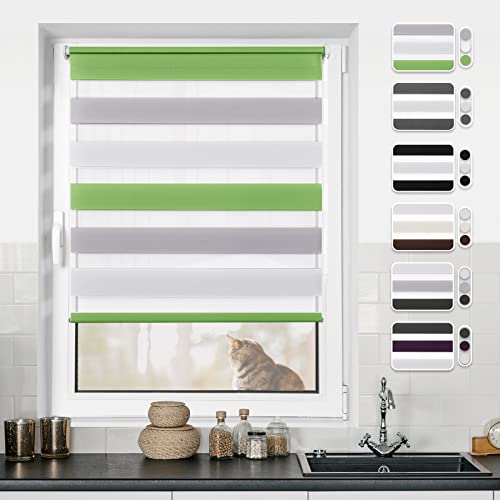 Doppelrollo Klemmfix ohne Bohren Grün-Grau-Weiß 110x130cm Rollos für Fenster ohne Bohren & mit Bohren Rollo Fensterrollo Klemmrollos Fensterrollo innen lichtdurchlässig & verdunkelnd von BondFree