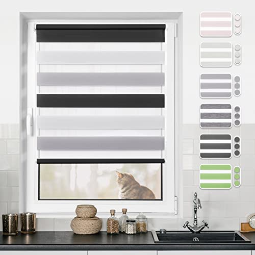 Doppelrollo Klemmfix ohne Bohren Weiß-Grau-Anthrazit 45x120cm Rollos für Fenster ohne Bohren & mit Bohren Rollo Fensterrollo Klemmrollos Fensterrollo innen lichtdurchlässig & verdunkelnd von BondFree