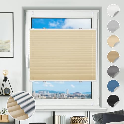 Plissee ohne Bohren verdunkelung Plissees Klemmfix Hellbeige 55x110cm 100% Blickdicht Verdunklungsplissee Fensterrollo innen ohne Bohren Aluminium Rollos für Fenster & Tür von BondFree