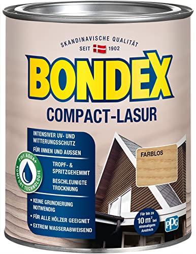 Bondex Compact Lasur FARBLOS 0,75 L für 9,75 m² | Wasserbasierte Holzlasur | Intensiver Wetter- und UV-Schutz | 2 in1 Aqua + Komfort Technologie | Streichen ohne Grundierung | Seidenmatt | Geruchsarm von Bondex