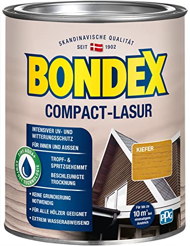 Bondex Compact Lasur KIEFER 0,75 L für 9,75 m² | Wasserbasierte Holzlasur | Intensiver Wetter- und UV-Schutz | 2 in1 Aqua + Komfort Technologie | Streichen ohne Grundierung | Seidenmatt | Geruchsarm von Bondex