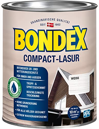 Bondex Compact Lasur WEISS 0,75 L für 9,75 m² | Wasserbasierte Holzlasur | Intensiver Wetter- und UV-Schutz | 2 in1 Aqua + Komfort Technologie | Streichen ohne Grundierung | Seidenmatt | Geruchsarm von Bondex