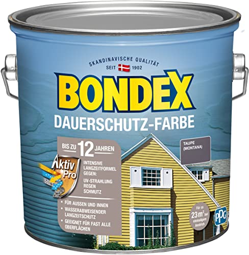 Bondex Dauerschutz Farbe Taupe (Montana) 2,5 L für 22,5 m² | Hervorragende Farbstabilität | Wetter- und UV-Schutz - bis zu 12 Jahre | Seidenglänzend | Dauerschutzfarbe | Holzfarbe von Bondex