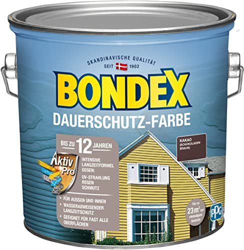 Bondex Dauerschutz Farbe Kakao (Schokoladenbraun) 2,5 L für 22,5 m² | Hervorragende Farbstabilität | Wetter- und UV-Schutz - bis zu 12 Jahre | Seidenglänzend | Dauerschutzfarbe | Holzfarbe von Bondex