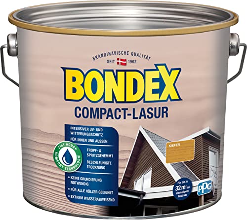 Bondex Compact Lasur KIEFER 2,5 L für 32,5 m² | Wasserbasierte Holzlasur | Intensiver Wetter- und UV-Schutz | 2 in1 Aqua + Komfort Technologie | Streichen ohne Grundierung | Seidenmatt | Geruchsarm von Bondex