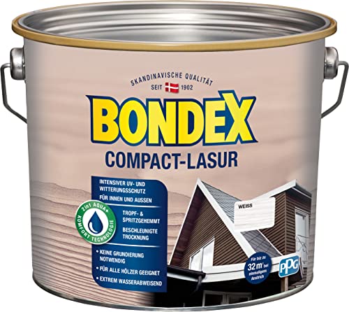 Bondex Compact Lasur WEISS 2,5 L für 32,5 m² | Wasserbasierte Holzlasur | Intensiver Wetter- und UV-Schutz | 2 in1 Aqua + Komfort Technologie | Streichen ohne Grundierung | Seidenmatt | Geruchsarm von Bondex