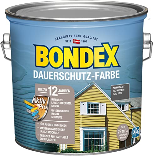 Bondex Dauerschutz Farbe Anthrazit (Schiefer) 2,5 L für 22,5 m² | Hervorragende Farbstabilität | Wetter- und UV-Schutz - bis zu 12 Jahre | Seidenglänzend | Dauerschutzfarbe | Holzfarbe von Bondex
