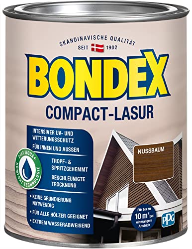 Bondex Compact Lasur NUSSBAUM 0,75 L für 9,75 m² | Wasserbasierte Holzlasur | Intensiver Wetter- und UV-Schutz | 2 in1 Aqua + Komfort Technologie | Streichen ohne Grundierung | Seidenmatt | Geruchsarm von Bondex