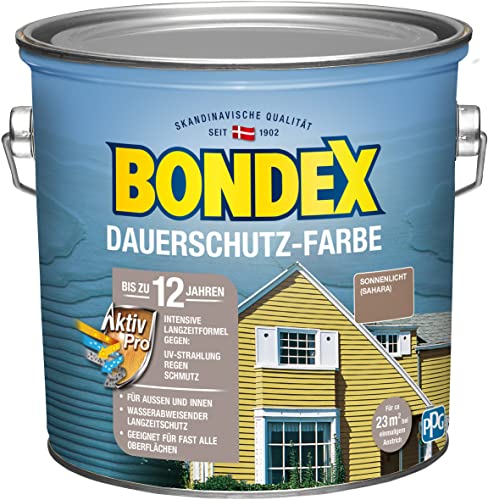 Bondex Dauerschutz Farbe Sonnenlicht (Sahara) 2,5 L für 22,5 m² | Hervorragende Farbstabilität | Wetter- und UV-Schutz - bis zu 12 Jahre | Seidenglänzend | Dauerschutzfarbe | Holzfarbe von Bondex