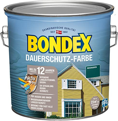 Bondex Dauerschutz Farbe Moosgrün 2,5 L für 22,5 m² | Hervorragende Farbstabilität | Wetter- und UV-Schutz - bis zu 12 Jahre | Seidenglänzend | Dauerschutzfarbe | Holzfarbe von Bondex