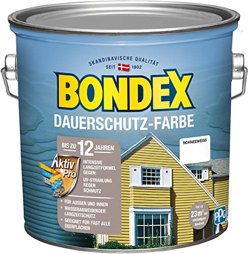 Bondex Dauerschutz Farbe Schneeweiß 2,5 L für 22,5 m² | Hervorragende Farbstabilität | Wetter- und UV-Schutz - bis zu 12 Jahre | Seidenglänzend | Dauerschutzfarbe | Holzfarbe von Bondex