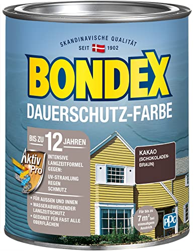 Bondex Dauerschutz Farbe Kakao (Schokoladenbraun) 0,75 L für 7 m² | Hervorragende Farbstabilität | Wetter- und UV-Schutz - bis zu 12 Jahre | Seidenglänzend | Dauerschutzfarbe | Holzfarbe von Bondex