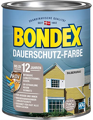 Bondex Dauerschutz Farbe Silbergrau 0,75 L für 7 m² | Hervorragende Farbstabilität | Wetter- und UV-Schutz - bis zu 12 Jahre | Seidenglänzend | Dauerschutzfarbe | Holzfarbe von Bondex