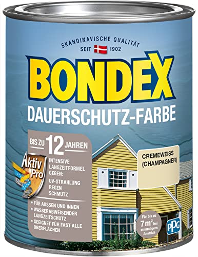 Bondex Dauerschutz Farbe Cremeweiß (Champagner) 0,75 L für 7 m² | Hervorragende Farbstabilität | Wetter- und UV-Schutz - bis zu 12 Jahre | Seidenglänzend | Dauerschutzfarbe | Holzfarbe von Bondex