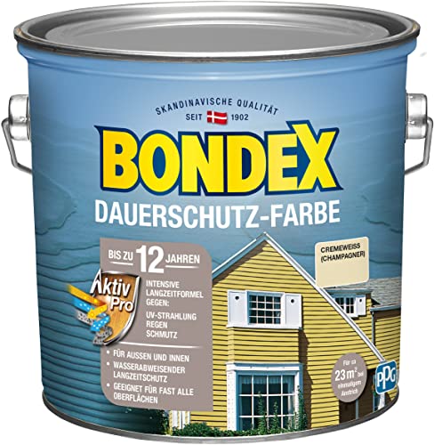 Bondex Dauerschutz Farbe Cremeweiß (Champagner) 2,5 L für 22,5 m² | Hervorragende Farbstabilität | Wetter- und UV-Schutz - bis zu 12 Jahre | Seidenglänzend | Dauerschutzfarbe | Holzfarbe von Bondex
