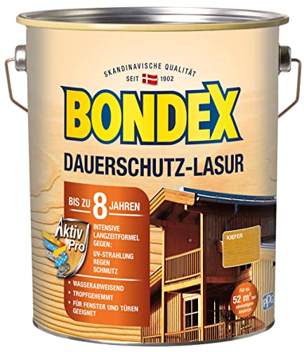 Bondex Dauerschutz Lasur Kiefer 4 L für 52 m² | Hoher Wetter- und UV-Schutz bis zu 8 Jahre | Tropfgehemmt | Natürliches Abwittern - kein Abplatzen | Dauerschutzlasur| Holzlasur von Bondex