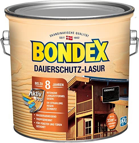 Bondex Dauerschutz Lasur Ebenholz 2,5 L für 32 m² | Hoher Wetter- und UV-Schutz bis zu 8 Jahre | Tropfgehemmt | Natürliches Abwittern - kein Abplatzen | Dauerschutzlasur| Holzlasur von Bondex