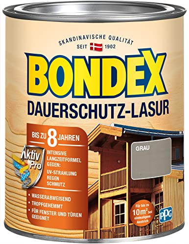 Bondex Dauerschutz Lasur Grau 0,75 L für 10 m² | Hoher Wetter- und UV-Schutz bis zu 8 Jahre | Tropfgehemmt | Natürliches Abwittern - kein Abplatzen | Dauerschutzlasur| Holzlasur von Bondex