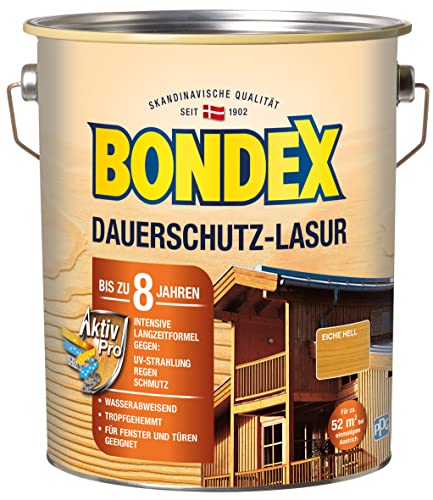 Bondex Dauerschutz Lasur Eiche hell 4 L für 52 m² | Hoher Wetter- und UV-Schutz bis zu 8 Jahre | Tropfgehemmt | Natürliches Abwittern - kein Abplatzen | Dauerschutzlasur| Holzlasur von Bondex