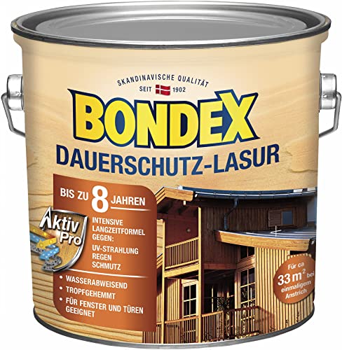 Bondex Dauerschutz Lasur Kiefer 2,5 L für 32 m² | Hoher Wetter- und UV-Schutz bis zu 8 Jahre | Tropfgehemmt | Natürliches Abwittern - kein Abplatzen | Dauerschutzlasur| Holzlasur von Bondex