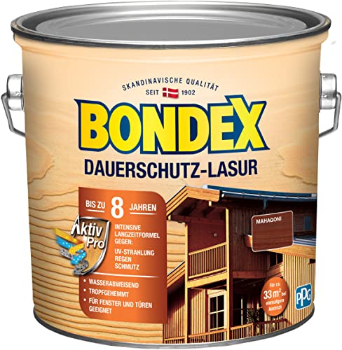 Bondex Dauerschutz Lasur Mahagoni 2,5 L für 32 m² | Hoher Wetter- und UV-Schutz bis zu 8 Jahre | Tropfgehemmt | Natürliches Abwittern - kein Abplatzen | Dauerschutzlasur| Holzlasur von Bondex
