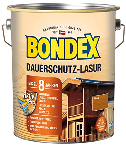 Bondex Dauerschutz Lasur Teak 4 L für 52 m² | Hoher Wetter- und UV-Schutz bis zu 8 Jahre | Tropfgehemmt | Natürliches Abwittern - kein Abplatzen | Dauerschutzlasur| Holzlasur von Bondex