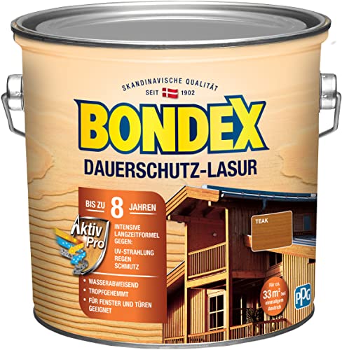 Bondex Dauerschutz Lasur Teak 2,5 L für 32 m² | Hoher Wetter- und UV-Schutz bis zu 8 Jahre | Tropfgehemmt | Natürliches Abwittern - kein Abplatzen | Dauerschutzlasur| Holzlasur von Bondex